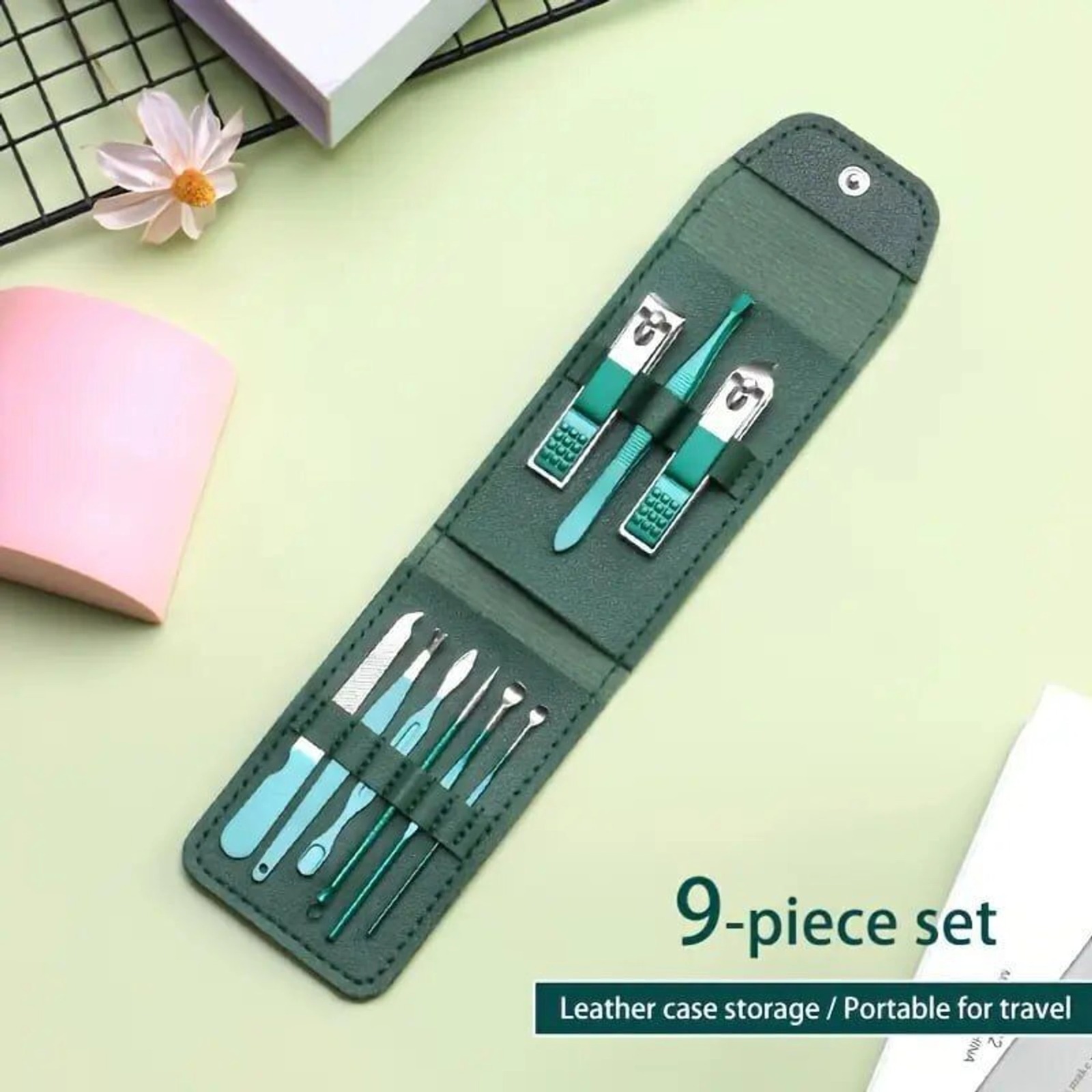 Teal 9-Piece Leather Travel Set